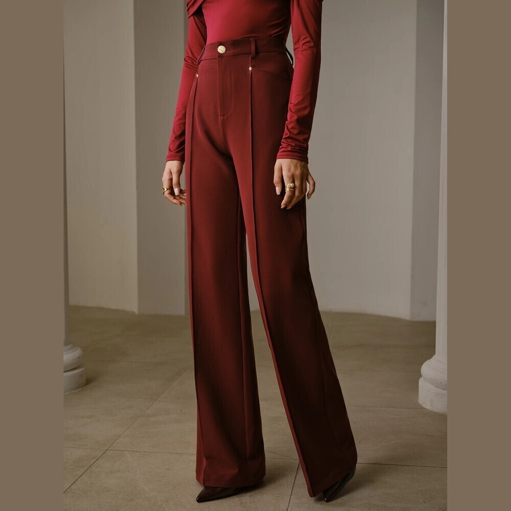 Burgundy Gold Hardware High Waist Pleated Wide Leg Trousers